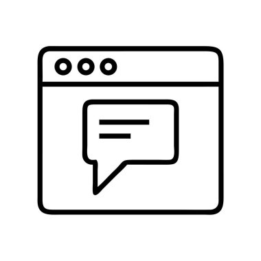 Web tarayıcı penceresinde bir ileti baloncuğu tasvir eden basit çizgi resim simgesi. Çevrimiçi sohbet, dijital iletişim ve internet etkileşimi kavramlarını resmetmek için ideal.