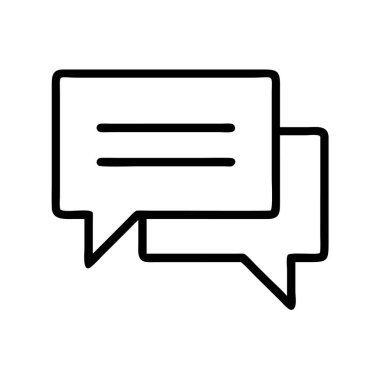 Üst üste binen iki konuşma baloncuğunu tasvir eden minimalist bir çizgi sanat ikonu, biri yatay çizgiler, sohbet, diyalog veya dijital iletişimi sembolize eden. Web ve uygulama tasarımı için ideal.