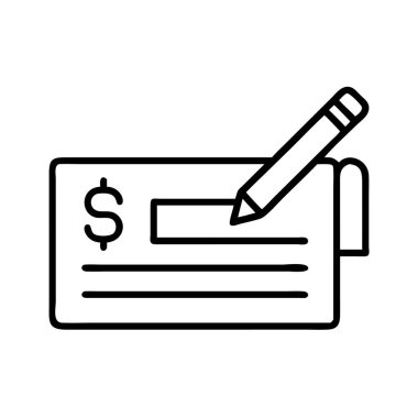 Bu simge, bir dolar işareti ve imzalamaya hazır bir kalemle mali bir çek tasvir ediyor. Ödemeler, bankacılık, işlemler ve para yönetimini temsil ediyor. Finansal uygulamalar veya web siteleri için ideal.