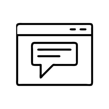 İçinde sohbet mesajı olan bir web tarayıcı penceresi tasvir eden minimalist ana hat simgesi. Web sitesi veya uygulamalarında çevrimiçi iletişim, destek, geri bildirim ve etkileşimi temsil eder. İzole edilmiş.