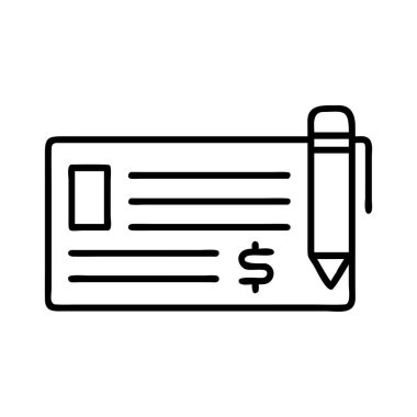 Kalemle mali çekin ikonik temsili, ödemeyi, işlemleri, bankacılık ve kişisel finans yönetimini sembolize ediyor. Finansal uygulamalar veya web siteleri için ideal.