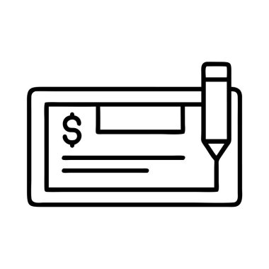 Dolar işareti ve kurşun kalemle finansal bir çeki tasvir eden bir taslak simgesi. Ödeme, işlem, bankacılık veya mali işlem ve para yönetimi kavramlarını temsil eder..