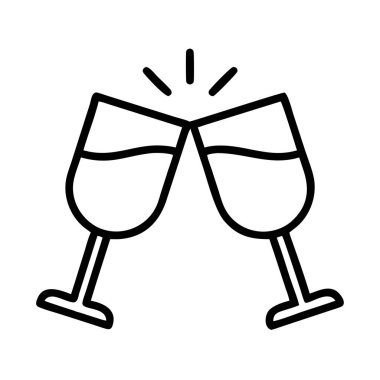 Kutlama kadehinde birbirine tokuşturan iki zarif şarap kadehini tasvir eden minimalist bir sanat simgesi. Kutlama, başarı ve özel durumlar için ideal bir konsept..
