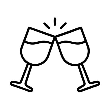 İki şarap kadehinin birbirine vuruşunu tasvir eden bir taslak vektör ikonu. Kadeh kaldırma, kutlama ve partiyi sembolize ediyor. Davetiyeler, dijital medya ve web tasarımları için ideal.