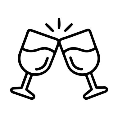 Birbirine çarpan iki şarap kadehinin ana simgesi. Kadeh kaldırma, kutlama ya da özel bir etkinliği sembolize ediyor. Taraflar, içecekler ve sevinçle ilgili tasarımlar için basit vektör illüstrasyonu.