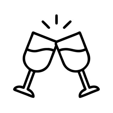 İki ana hatlı şarap kadehi birbirine vuruyor. Kutlamayı sembolize ediyor. Şerefe, arkadaşlığa ve mutlu günlere. Bu simge davet, etkinlik ve parti tasarımları için mükemmeldir.