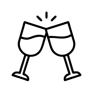 Birbirine tıkırdayan iki zarif şarap kadehinin ana hatları. Kutlamayı, tostu, partiyi, başarıyı ve mutlu anları simgeliyor. Herhangi bir şenlik ya da tasarım projesi için mükemmel..