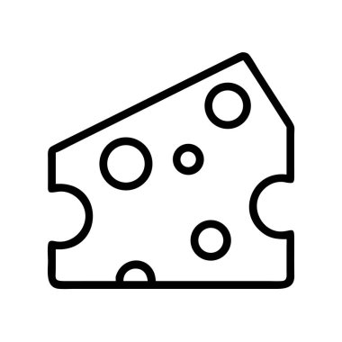 Kendine özgü delikleri olan üçgen bir peynir dilimini tasvir eden bir minimalist çizgi sanat ikonu. Gıda ile ilgili tasarımlar, menüler ve mutfak temaları için ideal.