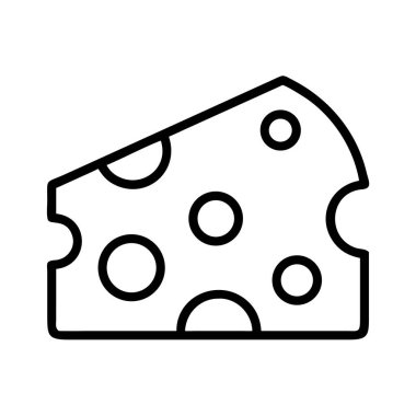 Karakteristik dairesel delikleri olan bir peynir kalıbını tasvir eden basit, temiz bir siyah çizgili vektör ikonu. Web tasarımı, uygulamalar, menüler veya eğitim materyalleri için ideal.