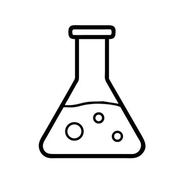 İçinde sıvı ve çeşitli kabarcıklar olan konik bir şişenin basit çizgi sanat simgesi. Kimya, bilim, eğitim, laboratuvar, araştırma ya da deney kavramları için idealdir. Temiz grafik illüstrasyonu.