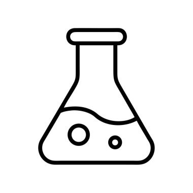 Sıvı ve küçük dairelerle dolu bir Erlenmeyer şişesinin basit siyah çizgi sanat simgesi, laboratuvar araştırmalarını, kimyayı ve bilimsel deneyleri sembolize ediyor. Eğitim için ideal.