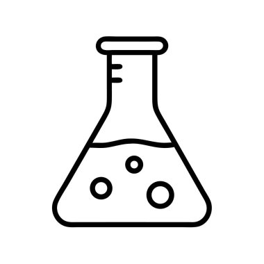Sıvı ve baloncuklarla dolu, kimyayı, deneyi, araştırmayı, bilimi, eğitimi veya yeniliği temsil eden basit bir konik şişenin basit çizgi simgesi.