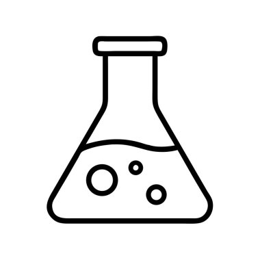 İçinde sıvı çözelti ve kabarcıklar olan, kimya, araştırma ve bilimsel deneyleri sembolize eden bir laboratuvar konik şişesini tasvir eden basit bir çizgi sanat ikonu..