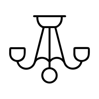 Klasik bir üç kollu avizeyi tasvir eden, çeşitli tasarım projeleri, web arayüzleri ve ev dekorasyonu temaları için uygun bir minimalist siyah taslak ikonu. Vektör sanatı.