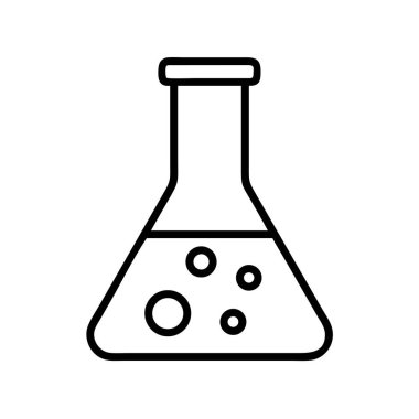 Sıvı ve kabarcıklar içeren Erlenmeyer şişesini tasvir eden basit bir çizgi sanat ikonu, kimyasal deneyleri, araştırmaları ve bilimsel keşifleri sembolize ediyor. Eğitim veya laboratuarla ilgili tasarımlar için ideal.