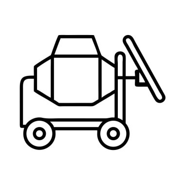 Tekerlekleri olan taşınabilir çimento karıştırıcısının çizgili sanat simgesi, inşaat ve inşaat projelerine hazır. İş sahalarında beton ve harcı karıştırmak için temel araç.