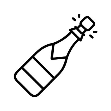 Şampanyanın ana simgesi ya da mantarı patlamış, kutlama, başarı, tatil ya da özel etkinlikleri sembolize eden köpüklü şarap şişesi. Minimalist vektör illüstrasyonu.