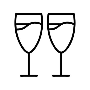 İçi sıvı dolu iki şarap kadehi içeren minimalist bir taslak vektör ikonu, kutlama, içecek ve yemek deneyimlerini göstermek için mükemmel. Temiz grafik tasarımı.