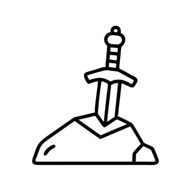 Bir kayaya saplanmış efsanevi bir kılıcı tasvir eden basit bir vektör tasviri. Meydan okumanın, kaderin, ortaçağ fantazisinin ve kahramanca maceraların sembolü..