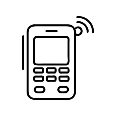 Klasik bir cep telefonu çizgisi çizimi kablosuz sinyal dalgaları yayıyor, iletişimi, bağlantıyı ve klasik teknolojiyi temiz ve modern bir tasarımda sembolize ediyor. Ağ ve uygulamalar için ideal.