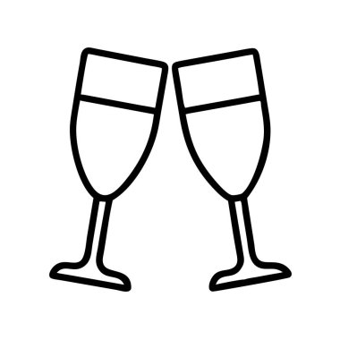 Kutlama kadehinde birbirine tokuşturan iki şampanya kadehini tasvir eden minimalist bir vektör ikonu. Etkinlikler, tatiller ve özel günler için mükemmel..