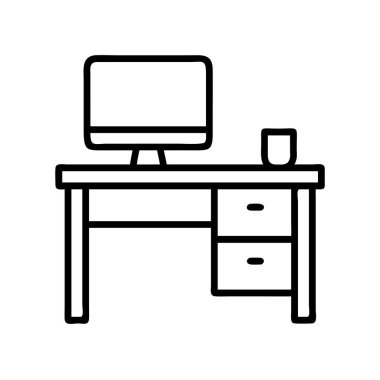 Ofis masası bilgisayar kurulum simgesi çizgi çizimi