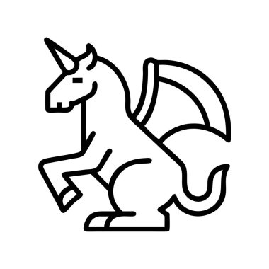Beyaz arkaplan vektöründe kanatlı tek boynuzlu at dış hat simgesi