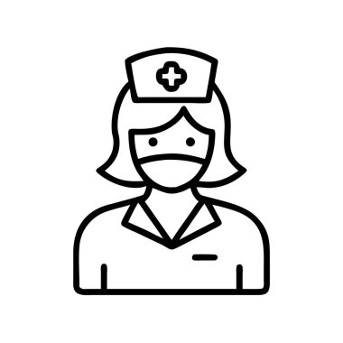 Kadın hemşire karakter ikonu, yüz maskesi üniforması giyiyor.