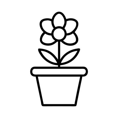 Bir saksı vektör ana hatlı simge tasarımında minimalist çiçek