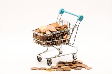 Alışveriş torbaları ve beyaz alışveriş arabası olan bozuk paralar.