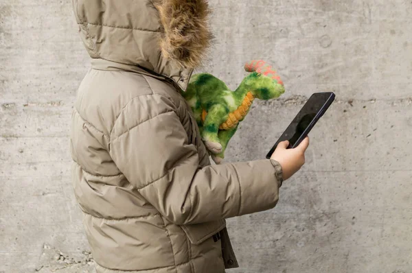 Teknik Tasarruf Delikanlısı Akıllı Telefon Uygulamasında Doldurulmuş Dinozoru Satış veya Listeye Hazırlıyor