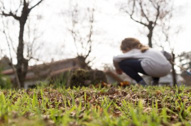 Ağaç kütüğünün yanında oynayan bulanık çocuk.