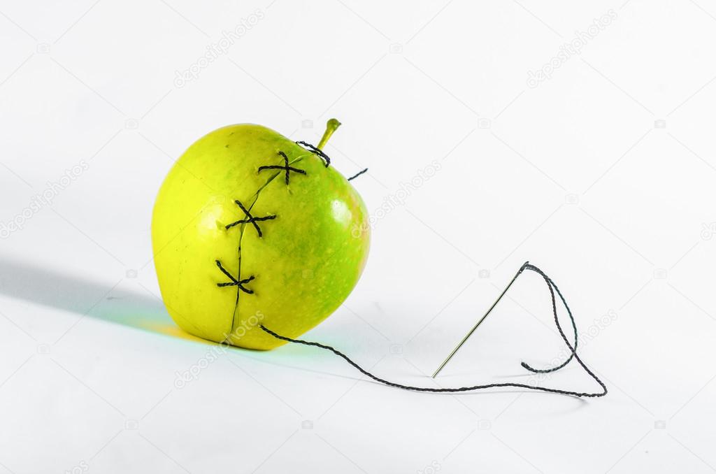 apple, needle, thread