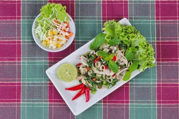 Spicy and sour mixed herb salad with pork and chicken  with side dish as mini vegetable salad and streamed gourd  wrap vermicelli and minced pork in bone soup on red green.  Top view. — Stock Photo, Image