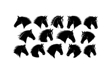 Farklı yönelim ve profillerde 12 adet siyah at kafası silueti koleksiyonu