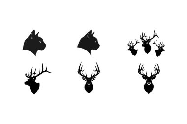 Beyaz arka planda altı siyah geyik ve hayvan kafası koleksiyonu.