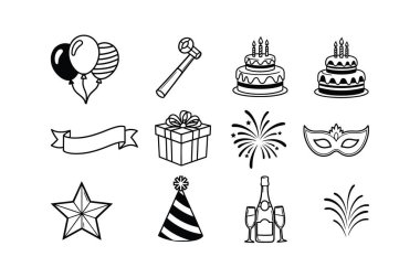 Doğum günü partisi simgeleri ve sembollerinin 12 adet siyah beyaz çizgi çizimi.
