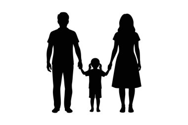 Beyaz arka planda el ele tutuşan bir erkek, kadın ve çocuğun siyah silueti.