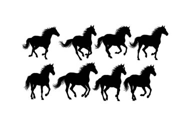 Beyaz arka planda iki sıra halinde dizilmiş sekiz siyah at siluetinin yer aldığı dijital bir resim çeşitli at pozları sergiliyor..
