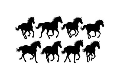 Bir grup siyah at silueti beyaz arka planda iki sıra halinde koşuyor.