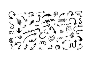 Beyaz arka planda el yapımı oklar ve siyah renkli kıvrımlı çizgi sembollerinden oluşan bir çeşitlilik.