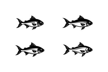 Siyah-beyaz dört özdeş balık çiziminden oluşan bir set, düz beyaz arka planda iki sıra halinde dizilmiş.