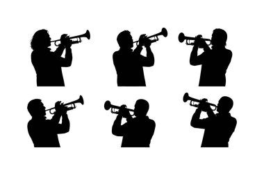 Beyaz arka planda farklı pozisyonlarda ve açılarda trompet çalan altı siyah siluet.