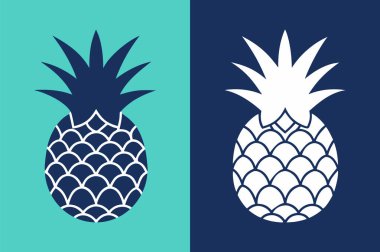 Koyu ve açık renk şemalarıyla bölünmüş deniz mavisi ve deniz mavisi arkaplan üzerinde iki stilize ananas içeren grafik tasarımı.