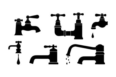 Beyaz bir arka planda, çeşitli tasarım ve devletleri gösteren yedi farklı musluk ve musluktan oluşan bir set..