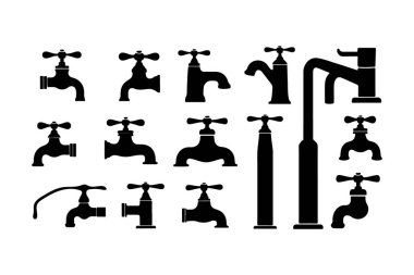 Beyaz arka planda farklı çeşme ve musluklar içeren siyah siluetler.