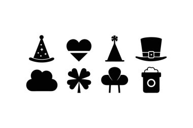 St. Patrick Günü temalı simgelerin yer aldığı beyaz arkaplanlı 8 siyah siluet koleksiyonu.