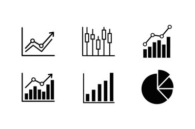Çeşitli iş ve finans grafikleri ve grafikleri gösteren altı adet siyah siluet simgesi
