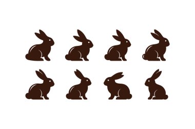 Düz beyaz bir arkaplanda iki sıra halinde dizilmiş sekiz kahverengi tavşan silueti.