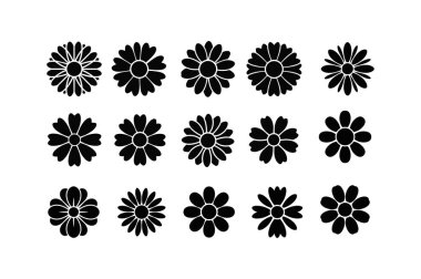 Düz beyaz bir arkaplan üzerinde üç satırlık dört sıra halinde dizilmiş 12 özdeş siyah çiçek siluetinden oluşan bir koleksiyon.